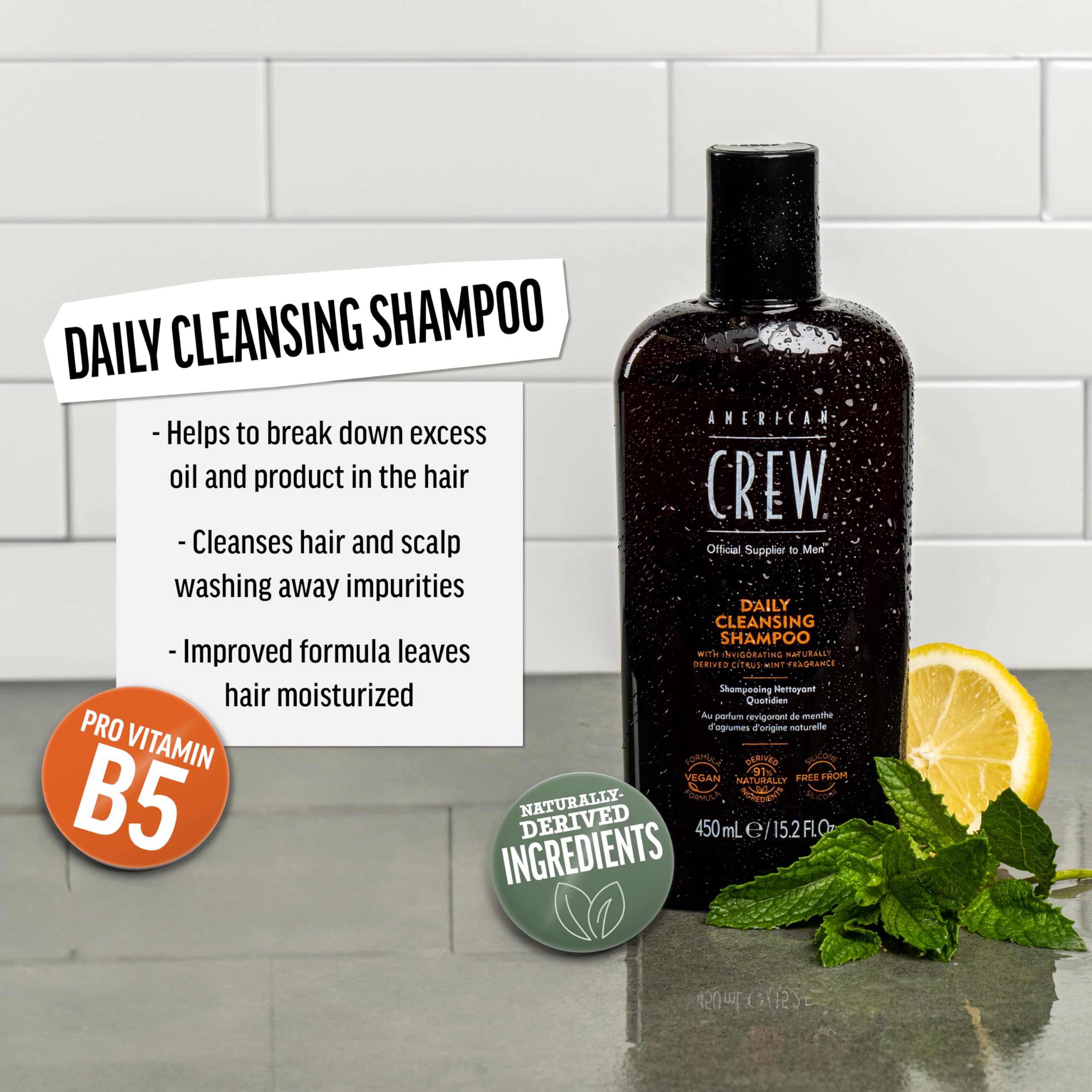 American Crew pump and label close-up highlighting vegan formula benefit