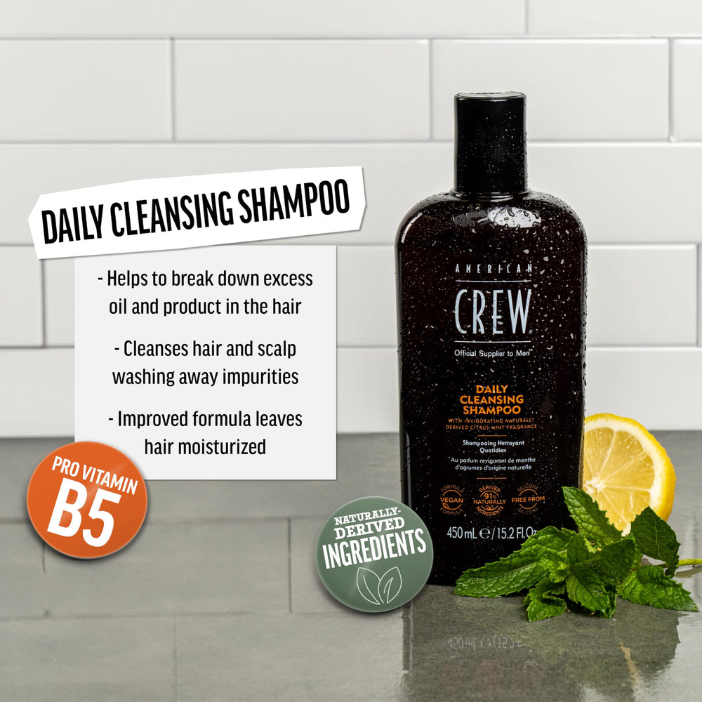 American Crew pump and label close-up highlighting vegan formula benefit