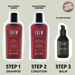 american crew shampoo in shower lifestyle scene showing daily-use convenience and fresh results