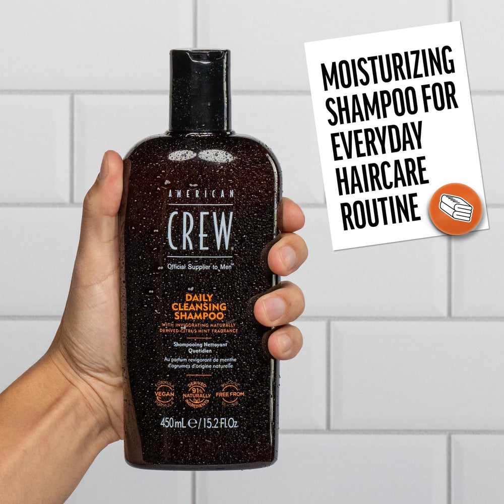 American Crew shampoo in shower scene showing refreshing use benefit