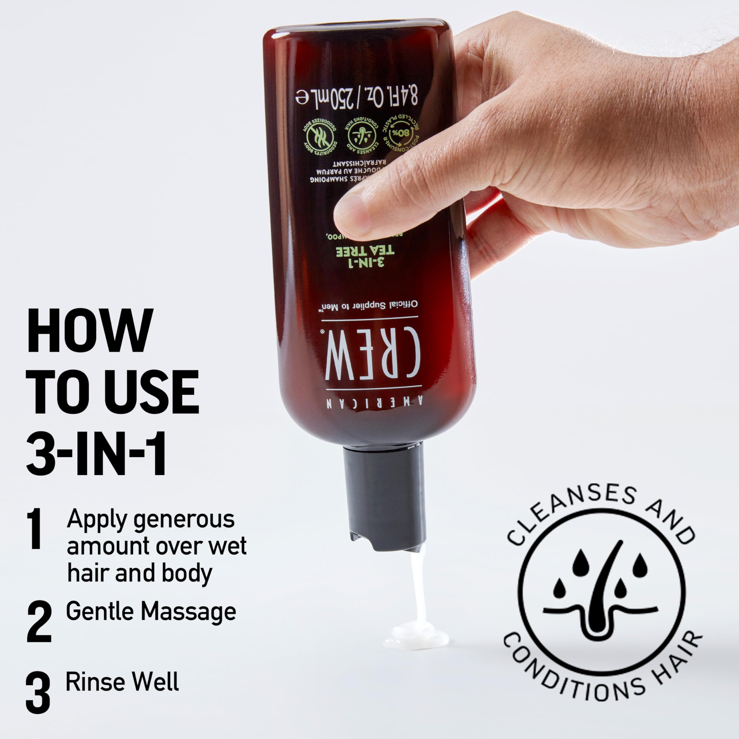 American Crew bottle beside hand showing 8.4 fl oz scale for travel-friendly benefit