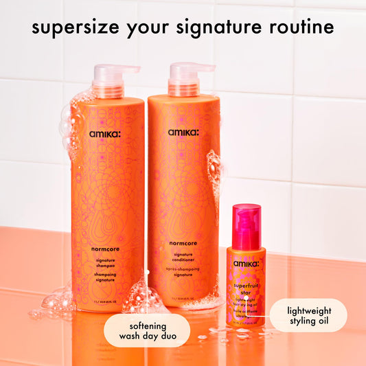 Amika close-up bottle texture highlighting easy-pump use and refill convenience