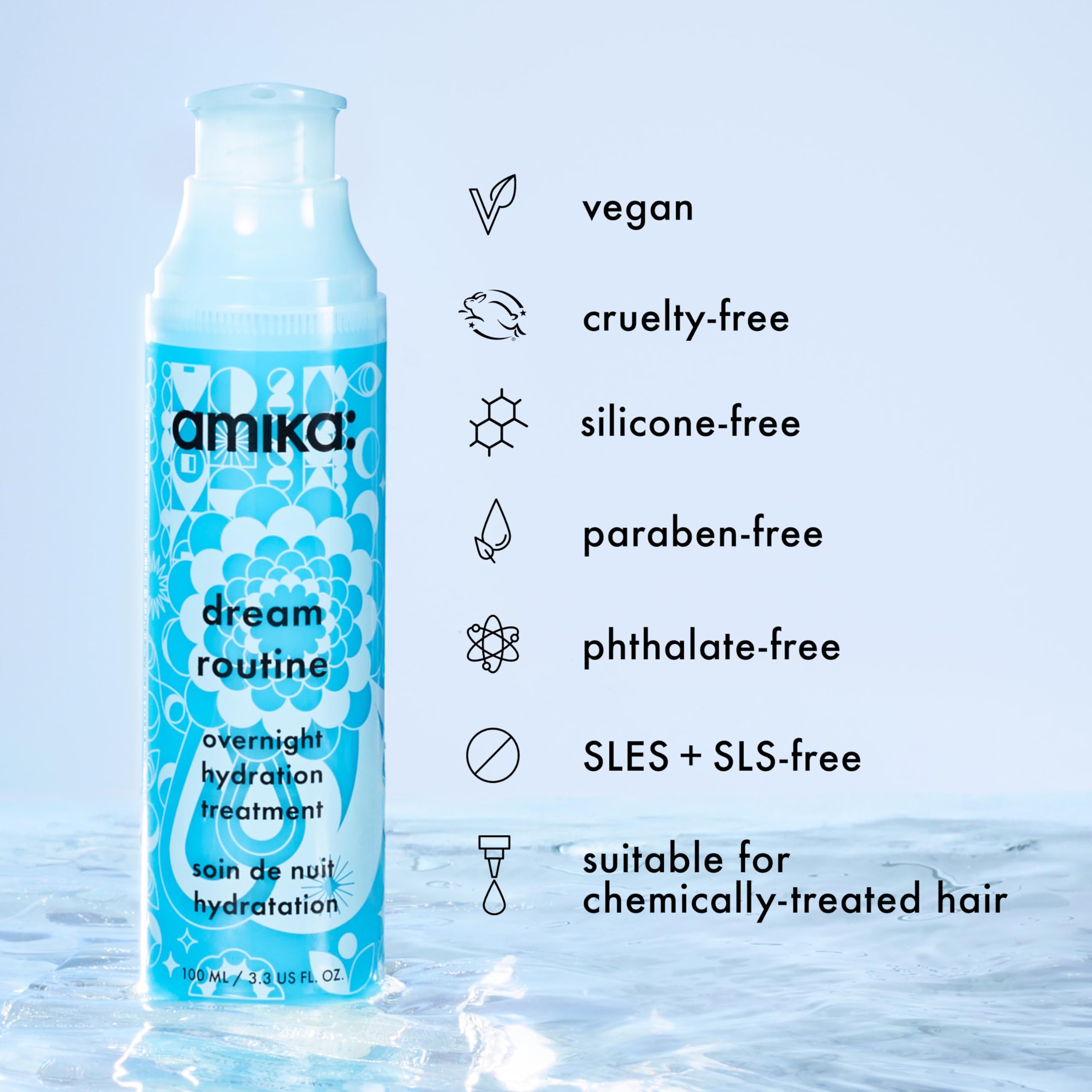 Amika close-up label showing key ingredients and usage benefits clearly