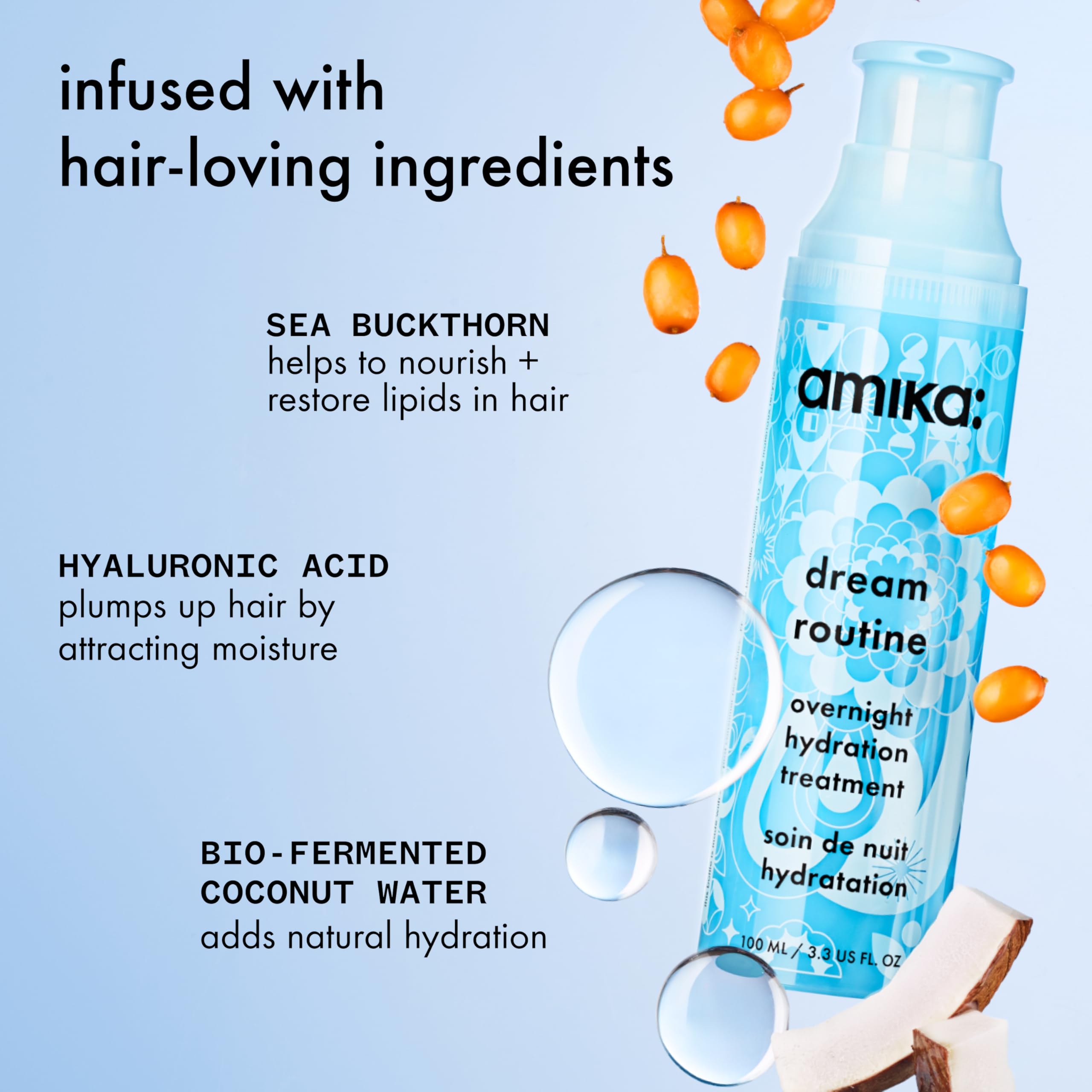 Amika ingredients flatlay with coconut water and sea buckthorn for natural moisture