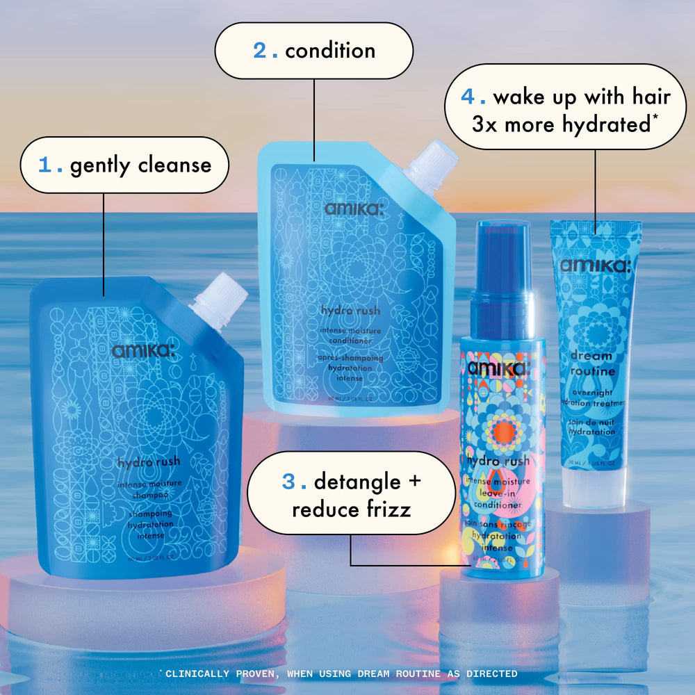Amika Hydro Rush conditioner texture pouring to show lightweight hydration