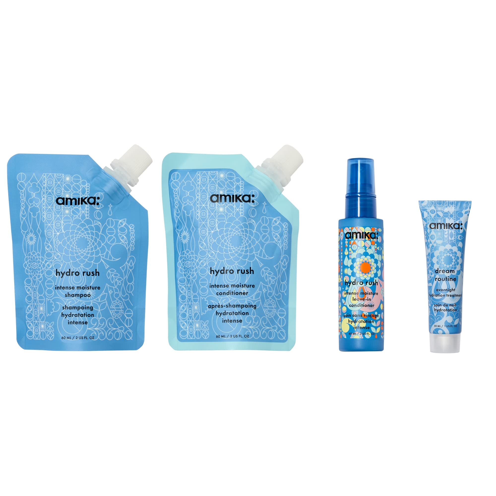 Amika Hydro Rush shampoo bottle close-up highlighting gentle cleanse