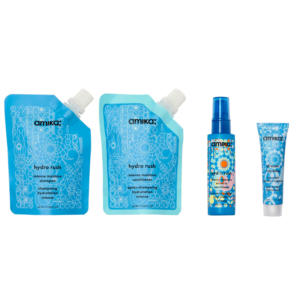 Amika Hydro Rush shampoo bottle close-up highlighting gentle cleanse
