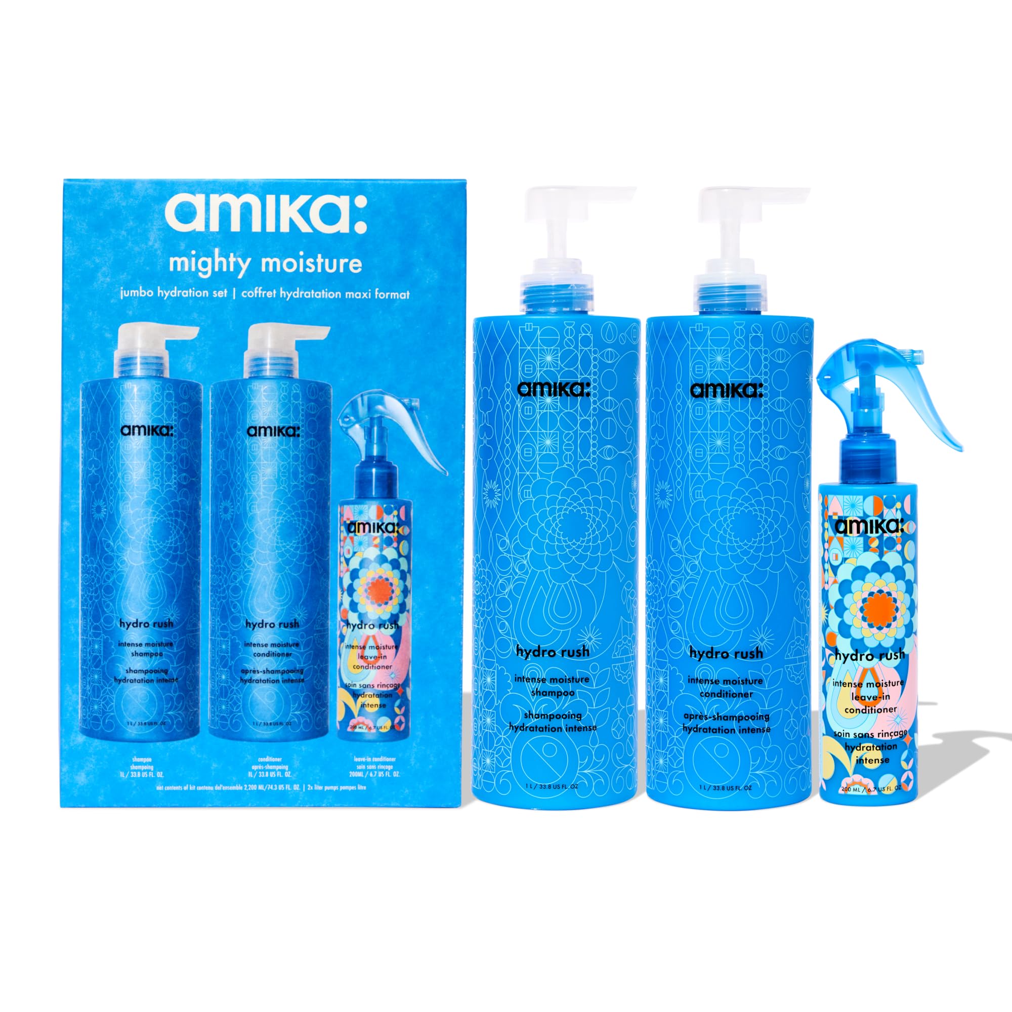 Amika Mighty Moisture front packaging showing jumbo shampoo and conditioner for long-lasting hydration