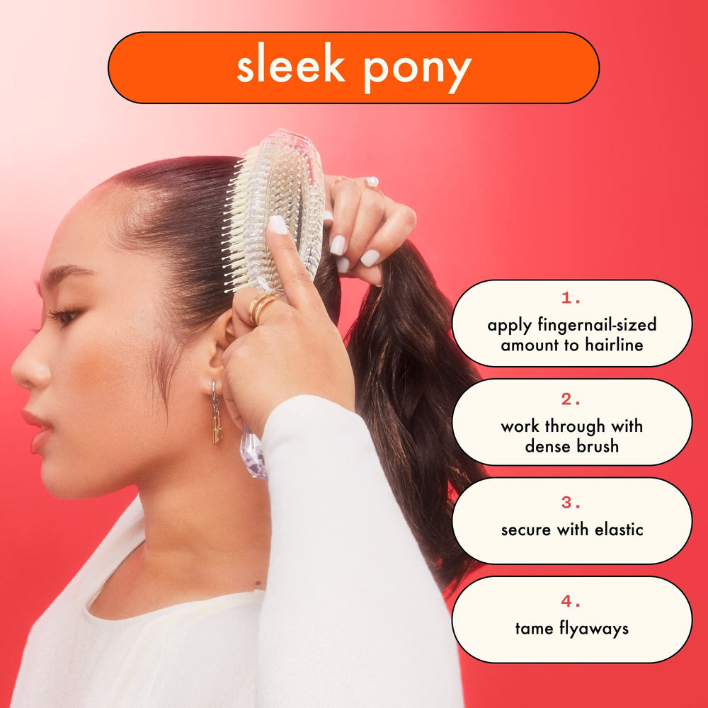 amika on lock used on a sleek ponytail for frizz control benefit