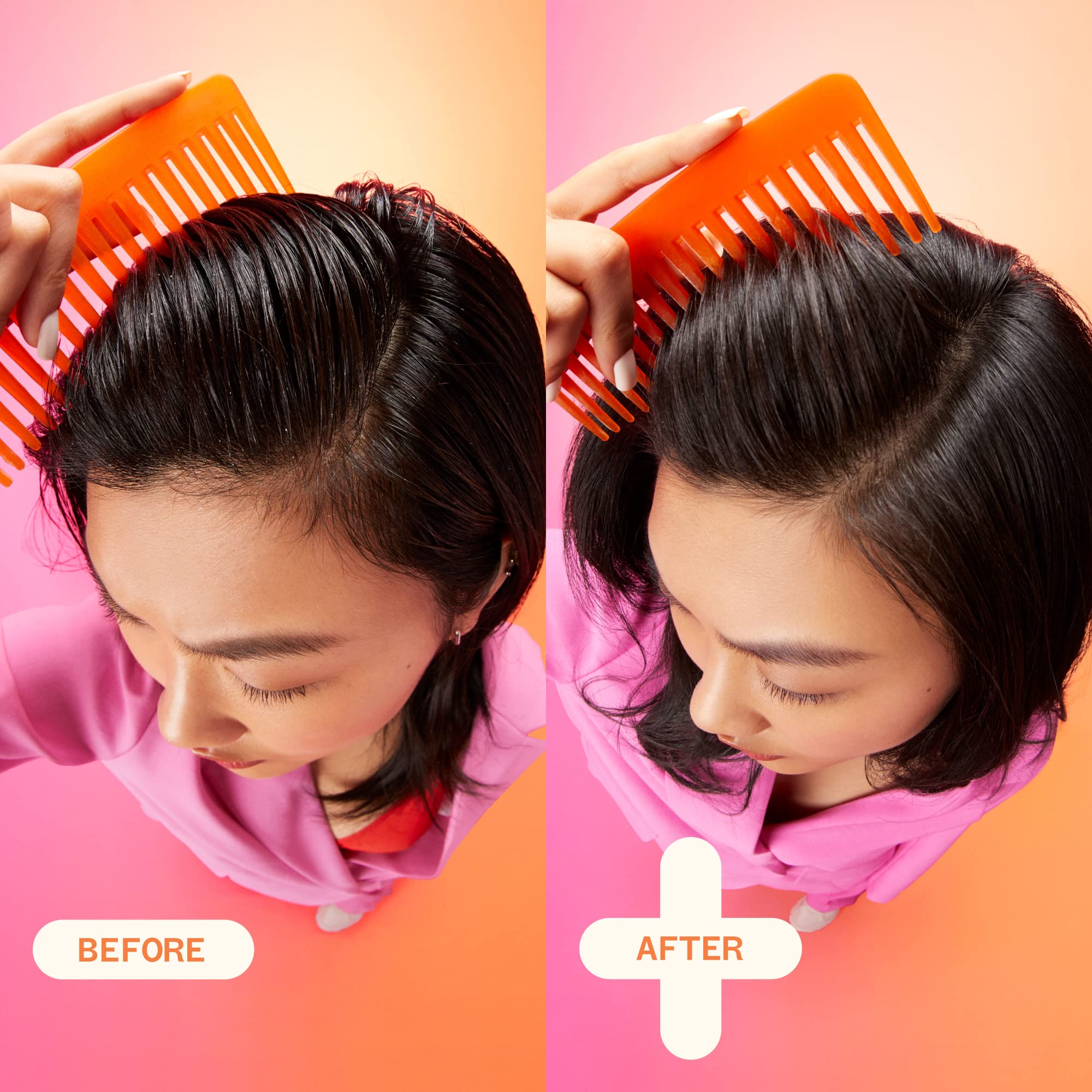 amika Perk Up Plus before and after roots showing reduced oil and refreshed look benefit