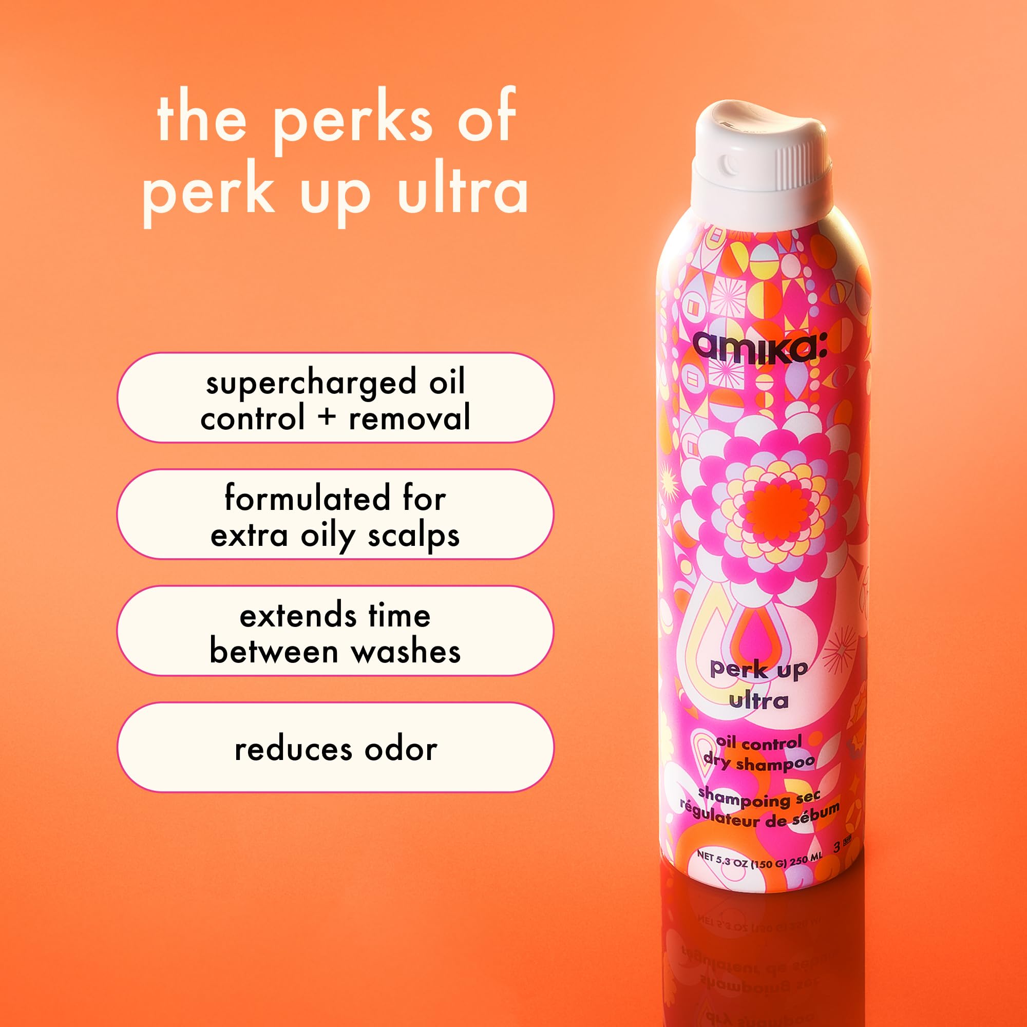 amika Perk Up Ultra side label highlighting oil-absorbing ingredients and use
