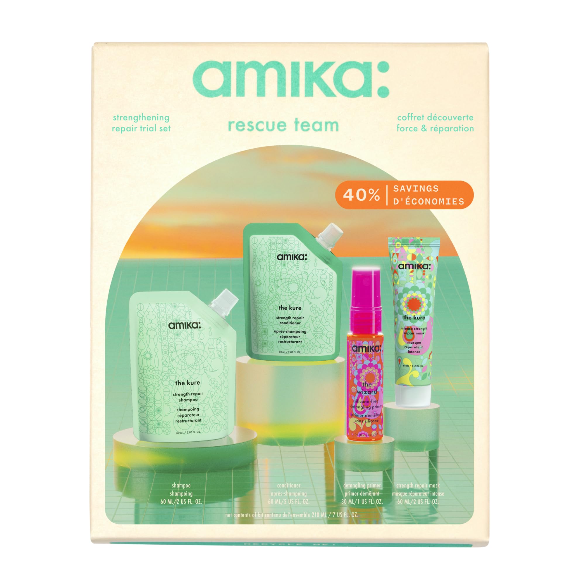 Amika rescue set front packaging showing kit and benefits