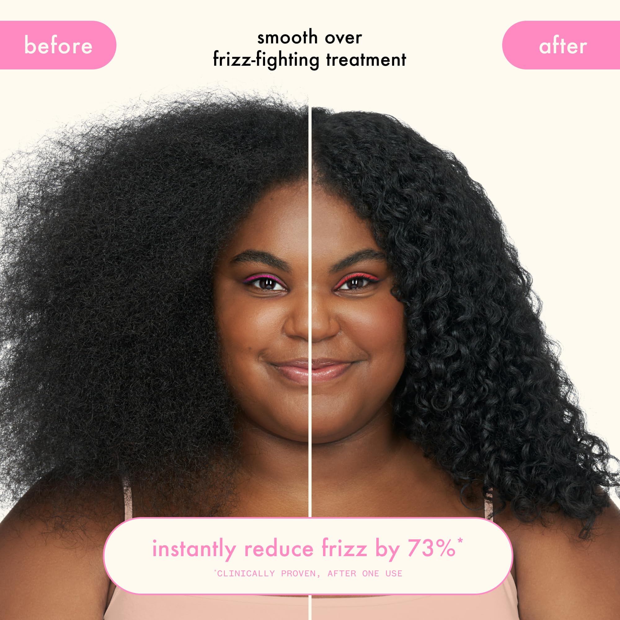 amika Smooth Over before and after hair showing reduced frizz and shine