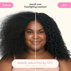 amika Smooth Over before and after hair showing reduced frizz and shine
