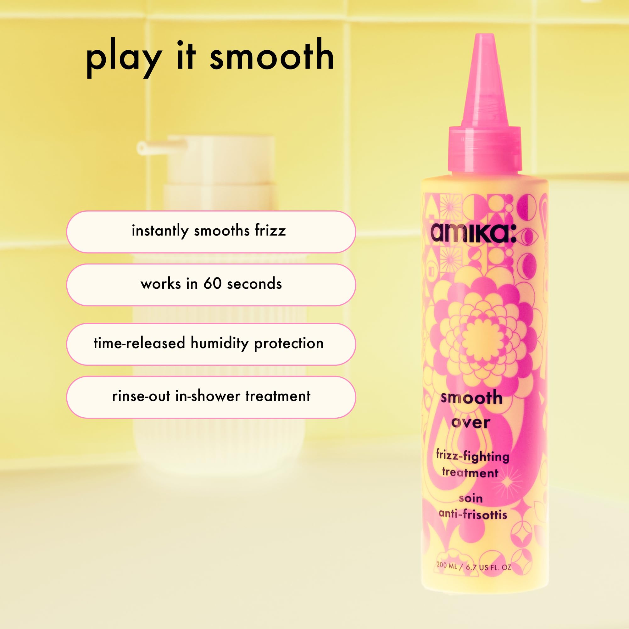 amika Smooth Over pump detail highlighting easy in-shower dispensing