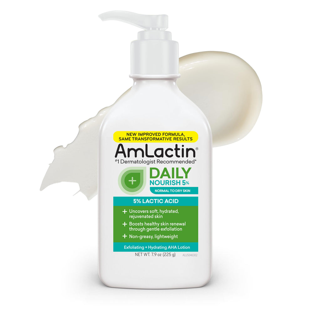 AmLactin front bottle shot showing 7.9 oz packaging and clear benefit