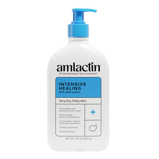 AmLactin front pump bottle showing product for quick application and convenience
