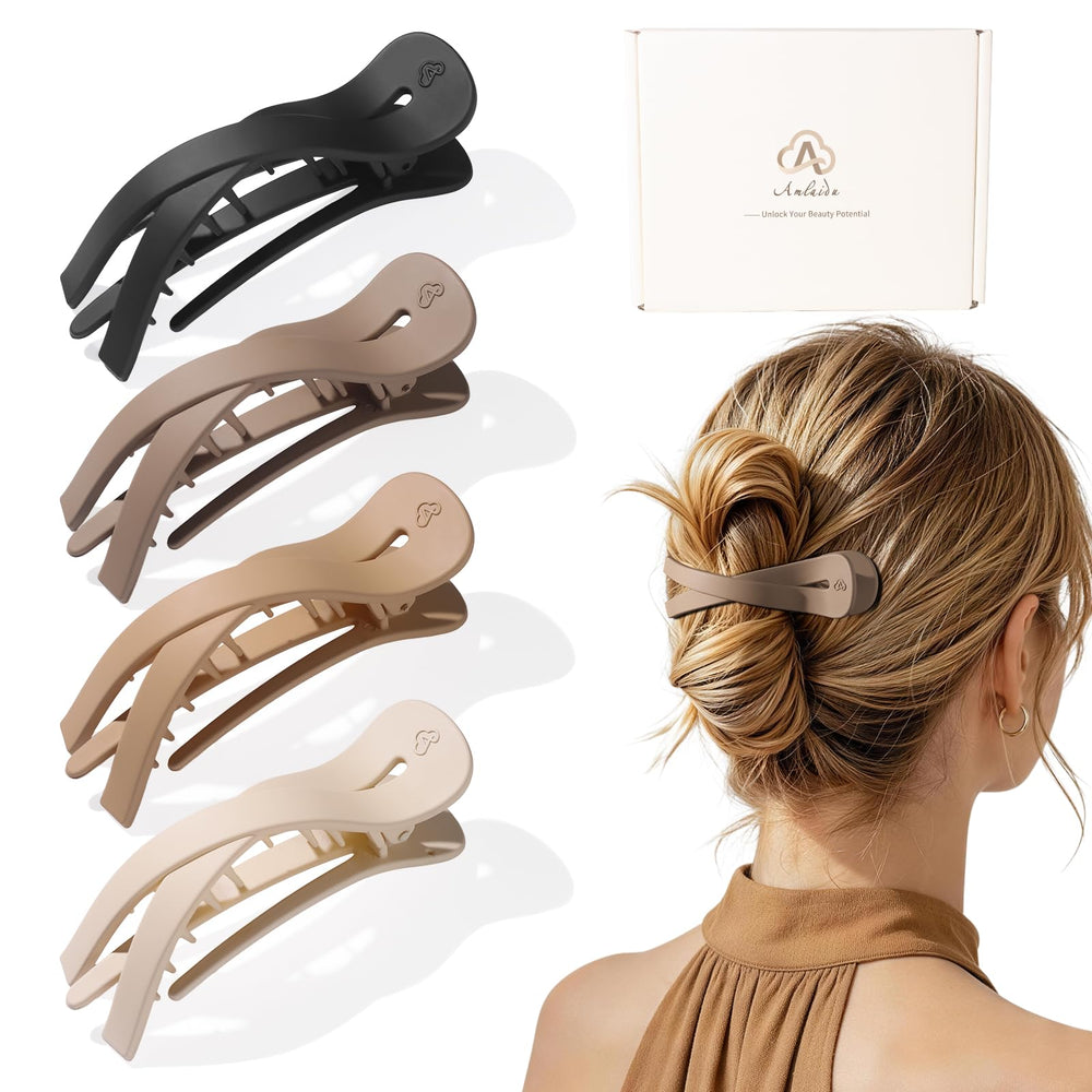 Amlaidu front view of four flat clips showing neutral colors and sleek design for versatile styling