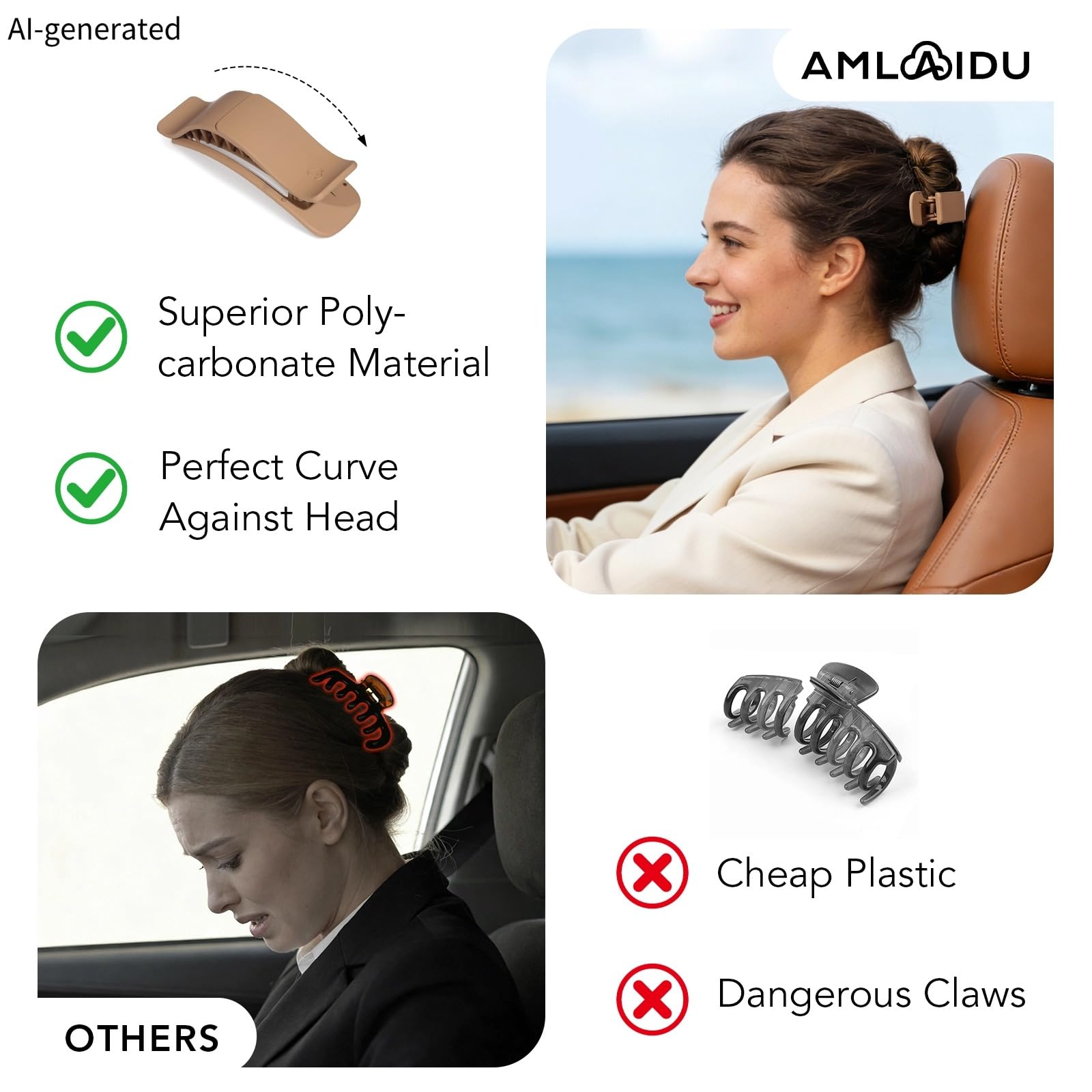Amlaidu clip worn while driving to show comfortable secure hold