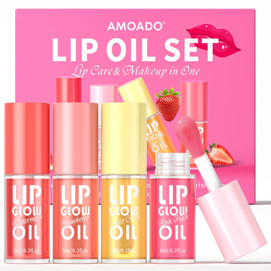 AMOADO front packaging showing four tinted lip oils and gift-ready design