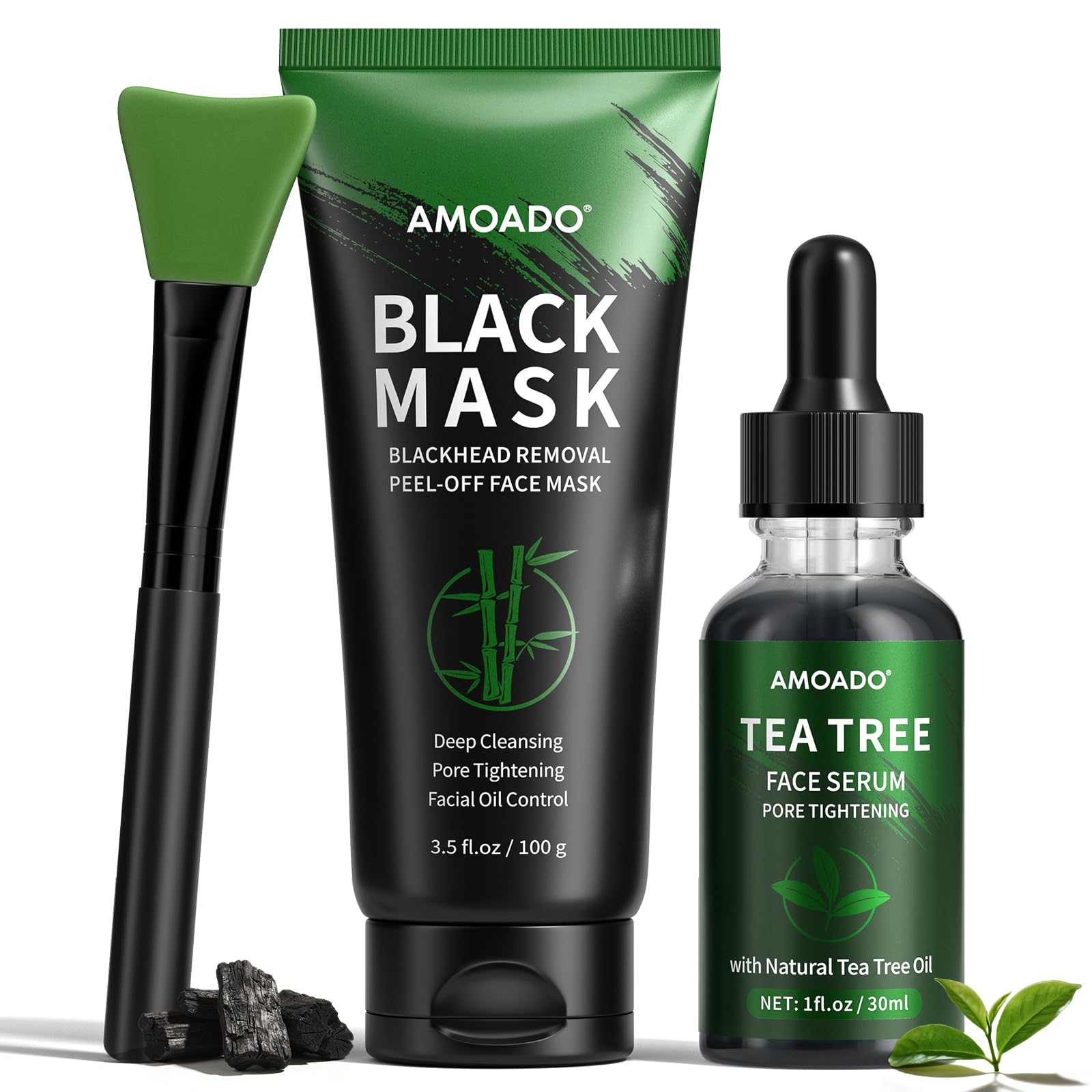 AMOADO front packaging duo showing both charcoal mask and tea tree serum benefits