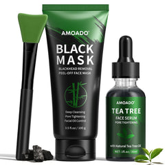 AMOADO front packaging duo showing both charcoal mask and tea tree serum benefits