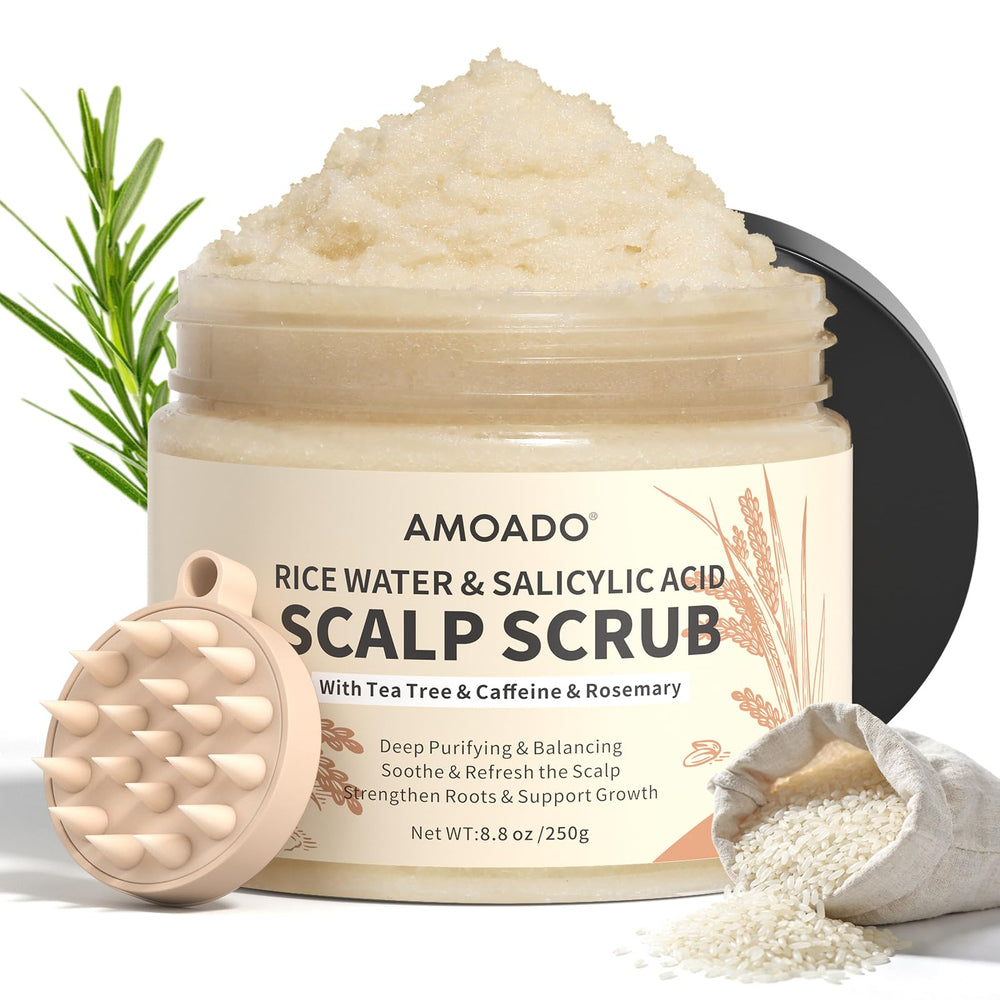 AMOADO front packaging showing rice water scalp scrub for clarifying benefits