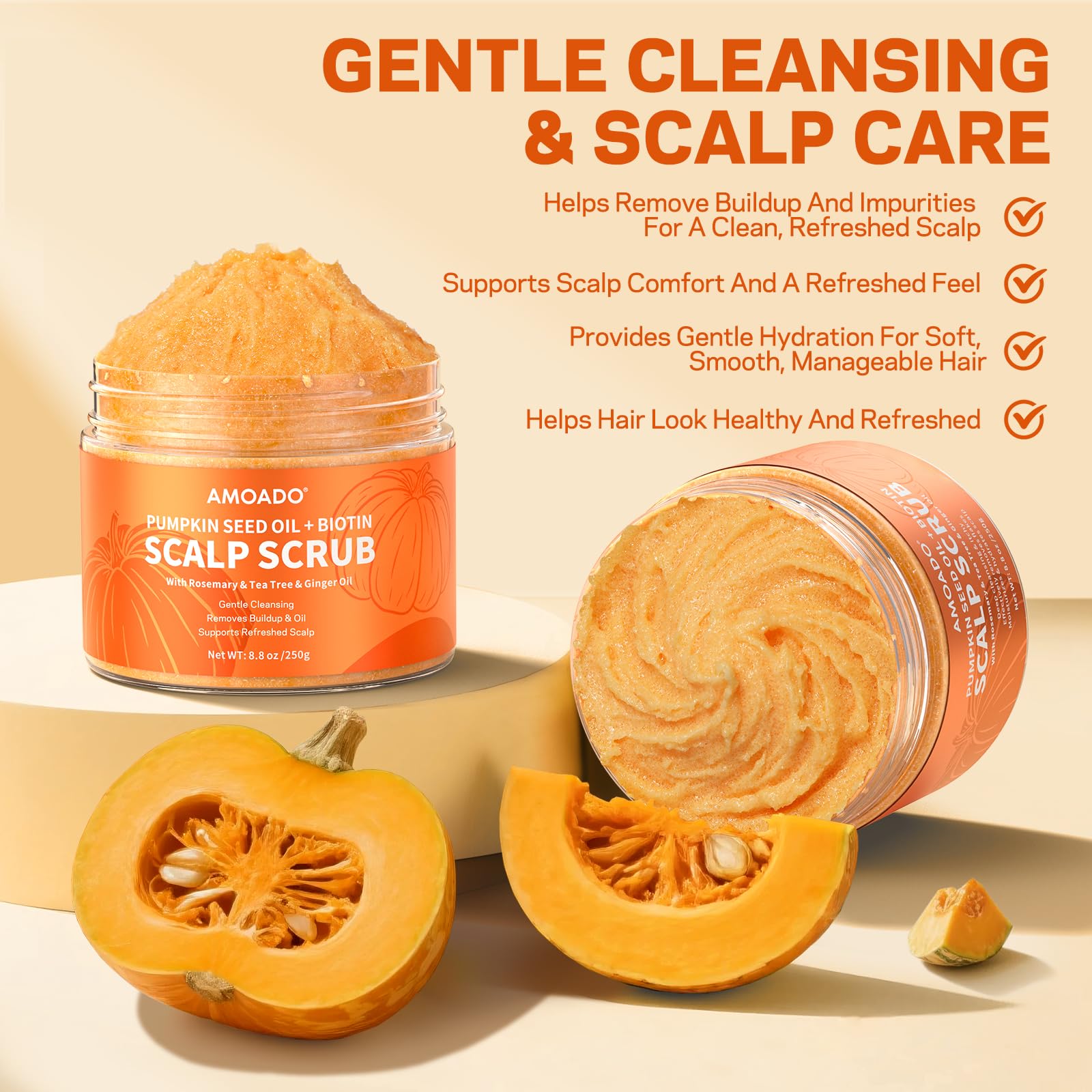 AMOADO scrub in hand demonstrating creamy consistency and easy application benefit