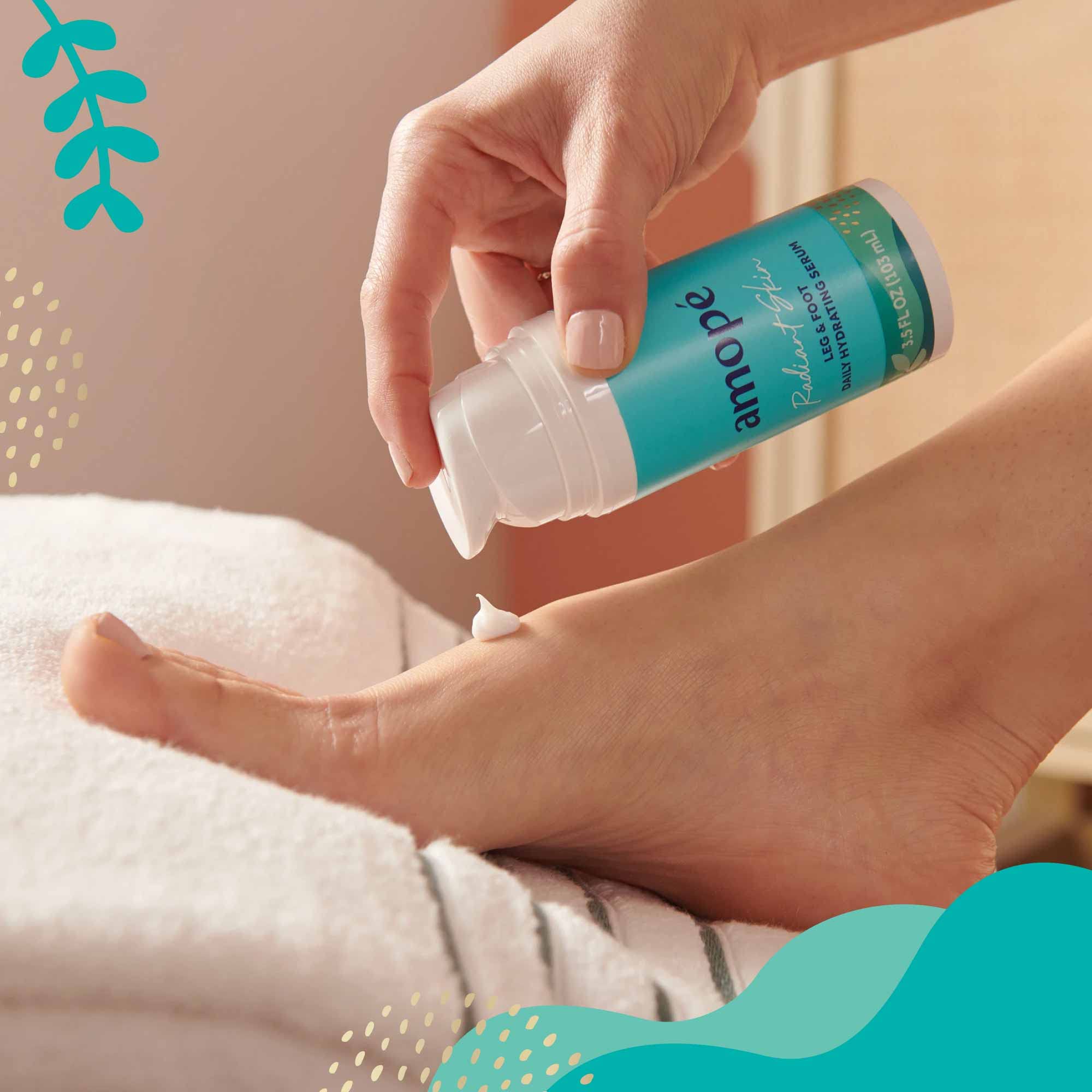 Amope serum applied to leg showing smooth, glowing skin benefit