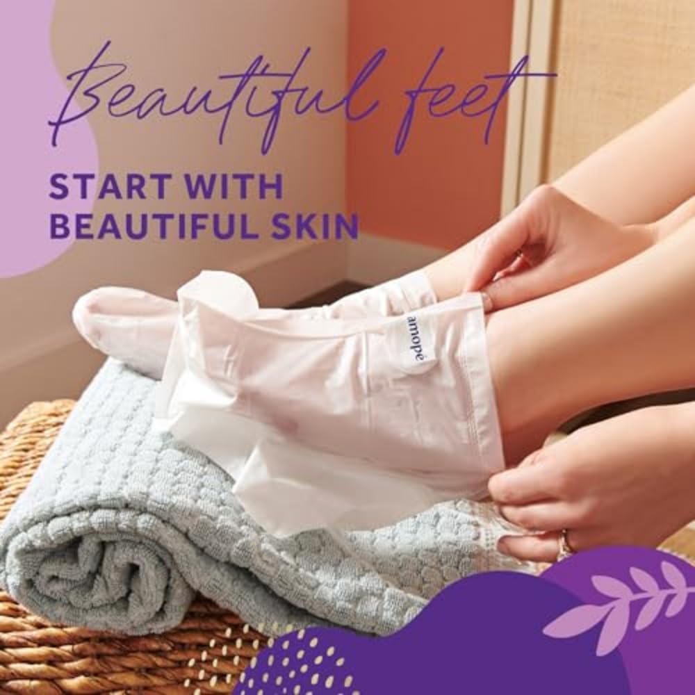 Amope foot mask worn in use showing easy, mess-free treatment