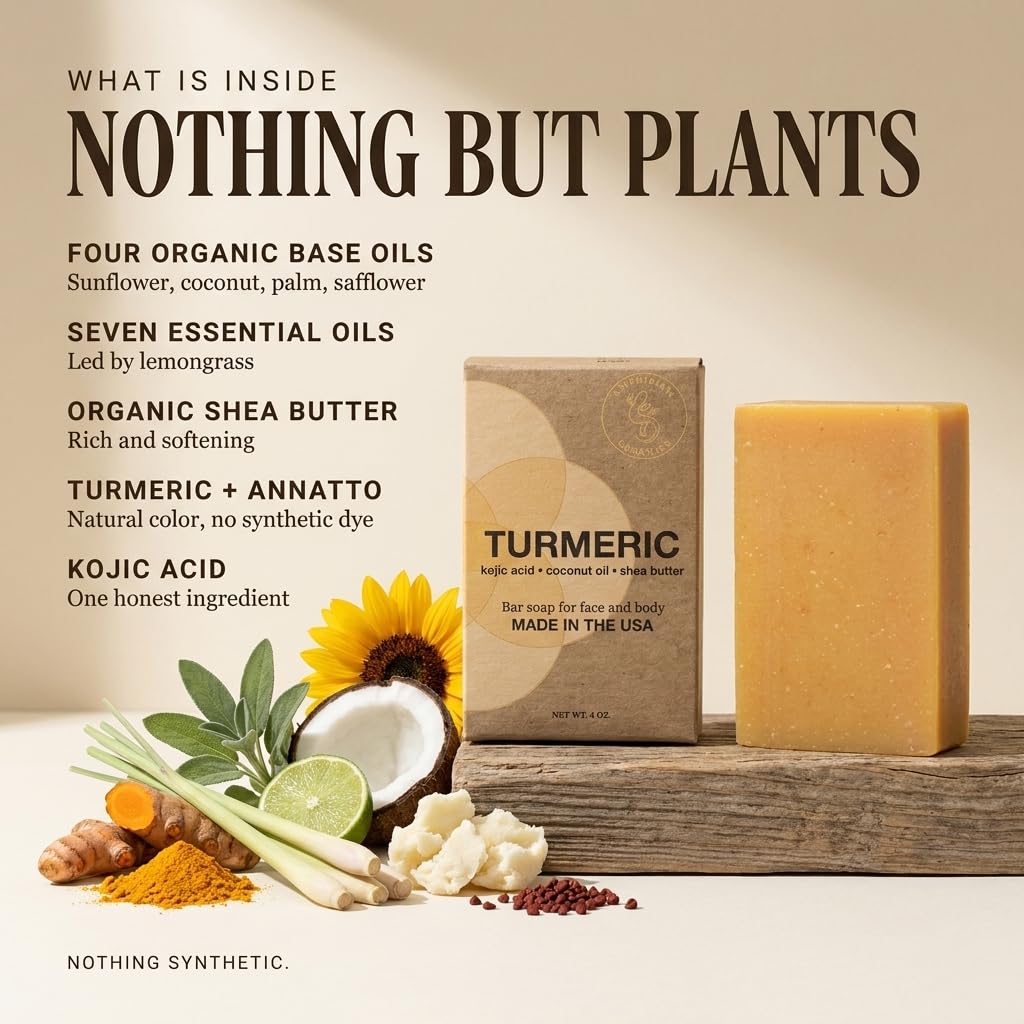 Amphibian Organics label close-up listing turmeric and kojic acid benefits