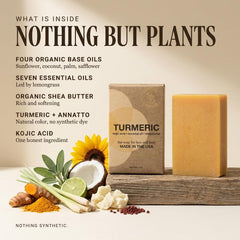 Amphibian Organics label close-up listing turmeric and kojic acid benefits