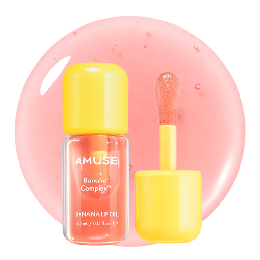 Amuse banana lip oil front packaging showing shade and glossy finish benefit