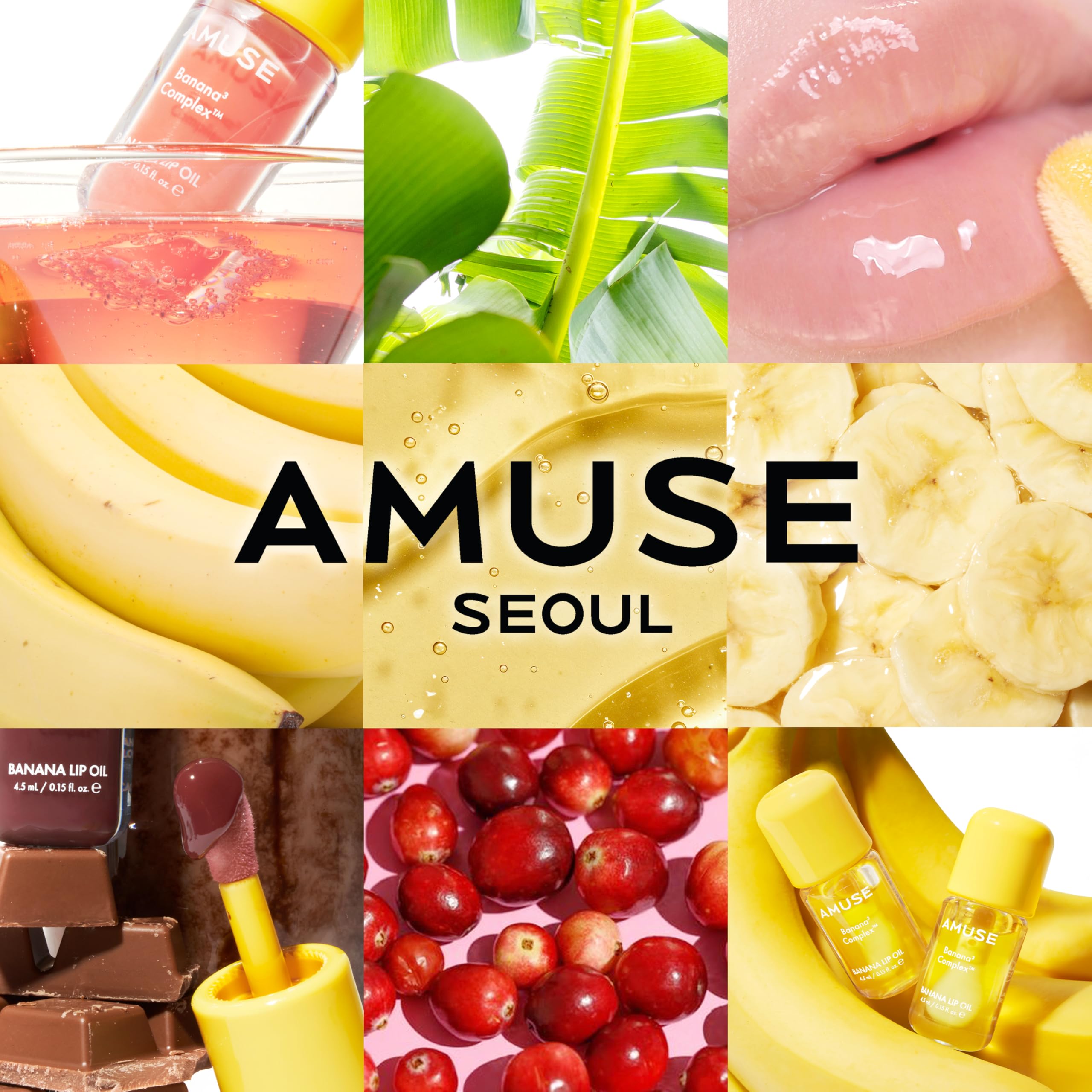 Amuse banana lip oil lifestyle peach setup showing sheer tint and fresh scent benefit