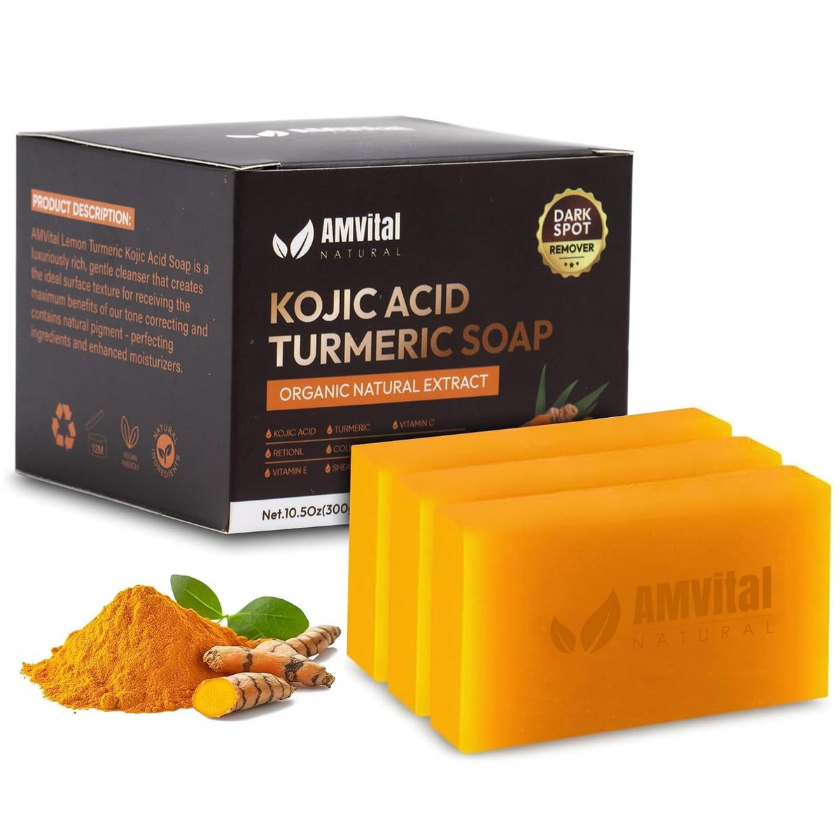 AMVital front packaging showing three soap bars and product name benefit clarity