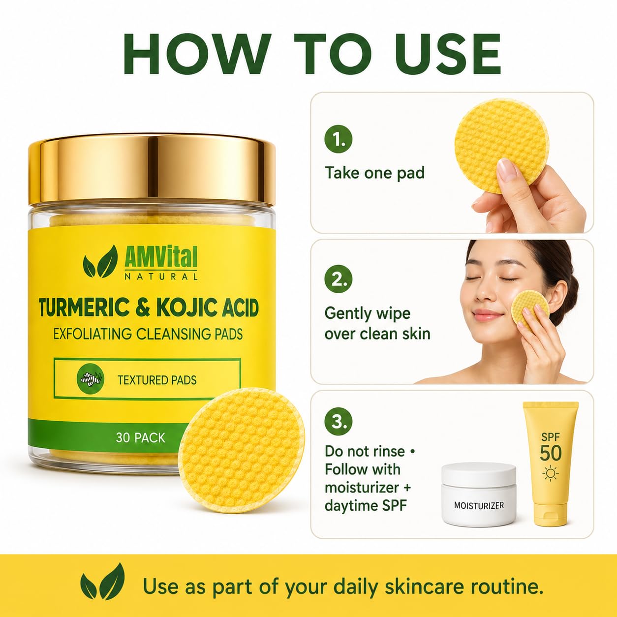 AMVital pad wiping face showing quick cleanse and no-rinse benefit