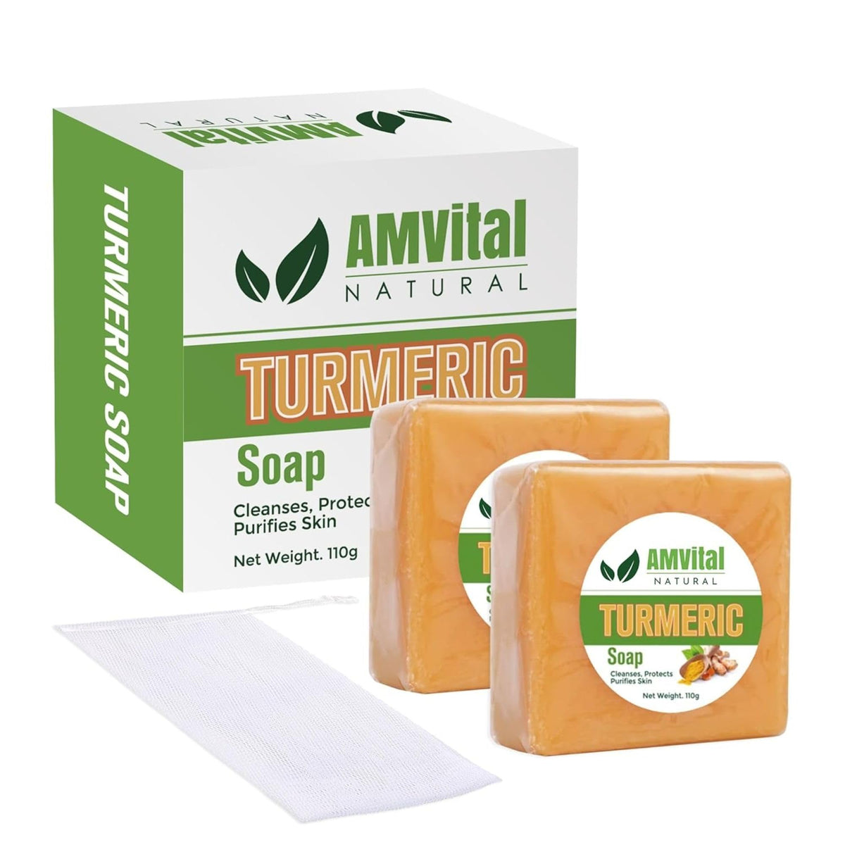 AMVital turmeric soap front view showing bar and lemongrass scent benefit
