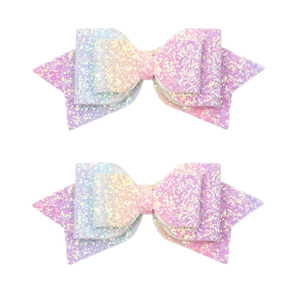 Amybasic front view of two rainbow glitter bows showing vibrant colors and secure clips, easy styling benefit