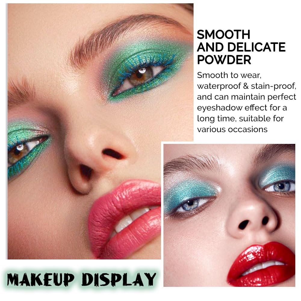 Model wearing AMY'S DIARY green eye look demonstrating long-lasting waterproof benefit