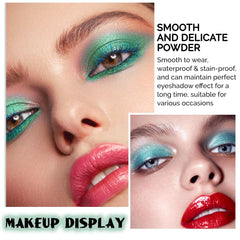 Model wearing AMY'S DIARY green eye look demonstrating long-lasting waterproof benefit
