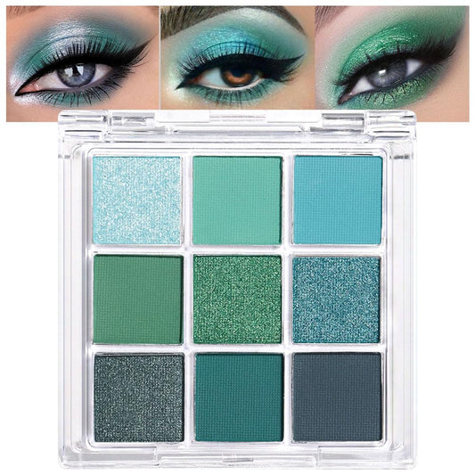 AMY'S DIARY front palette view showing nine green shades and travel-friendly compact benefit