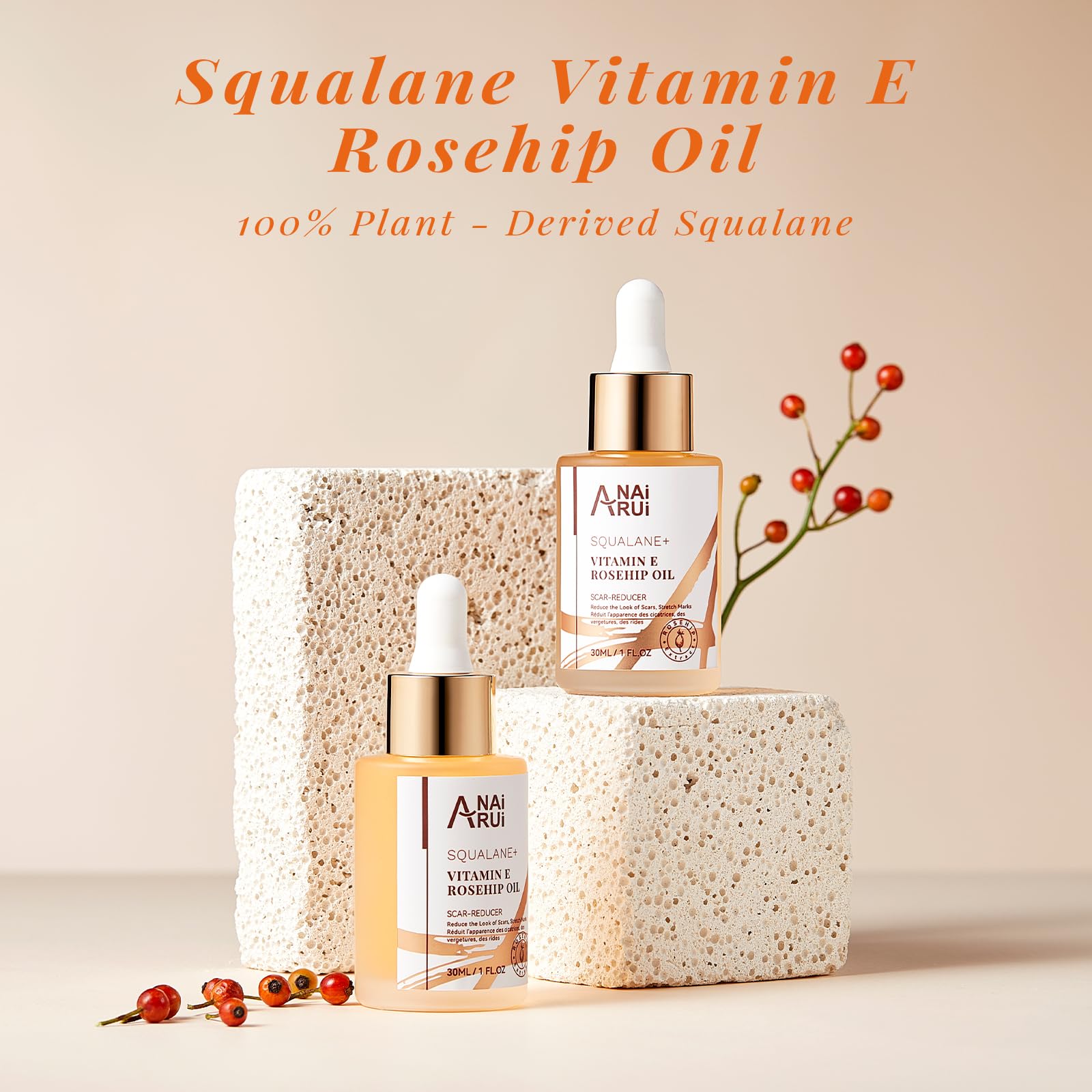 ANAI RUI bottle beside rosehip and olive visuals showing natural ingredients benefit