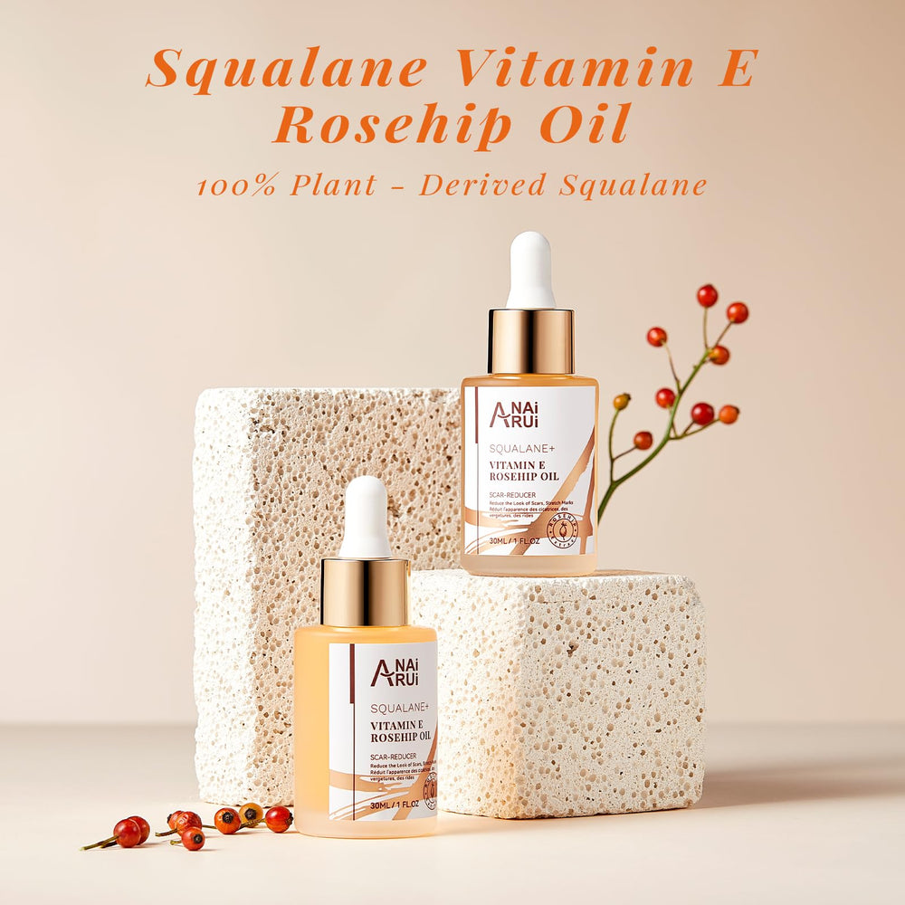 ANAI RUI bottle beside rosehip and olive visuals showing natural ingredients benefit