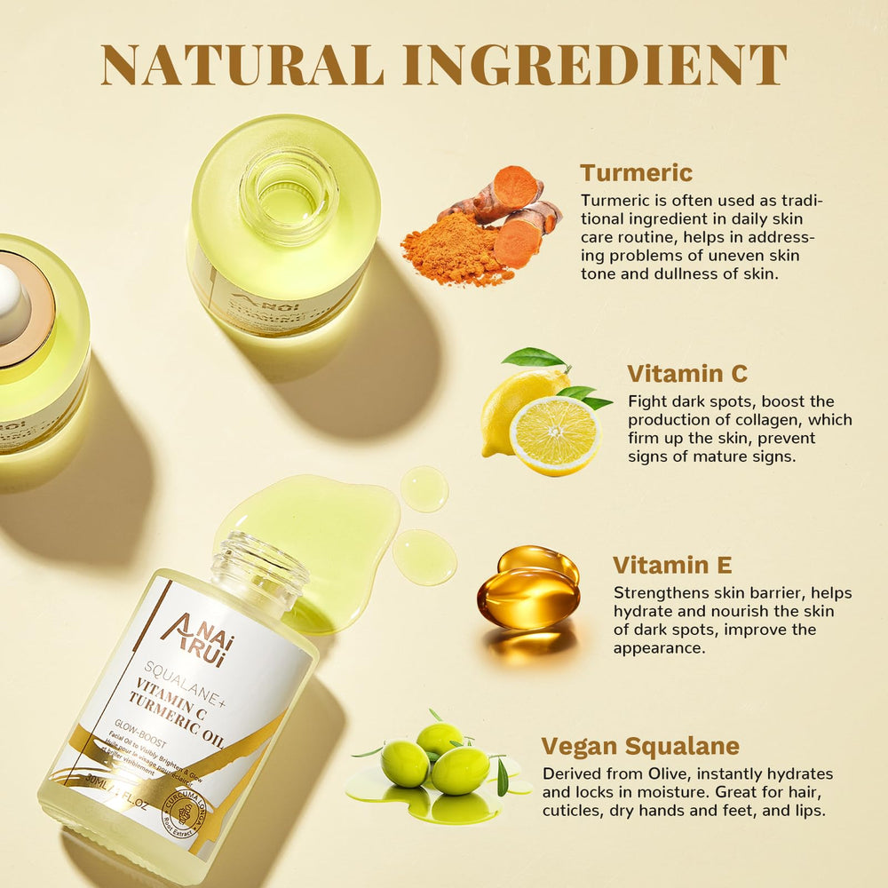 ANAI RUI turmeric and vitamin C ingredients display highlighting natural actives