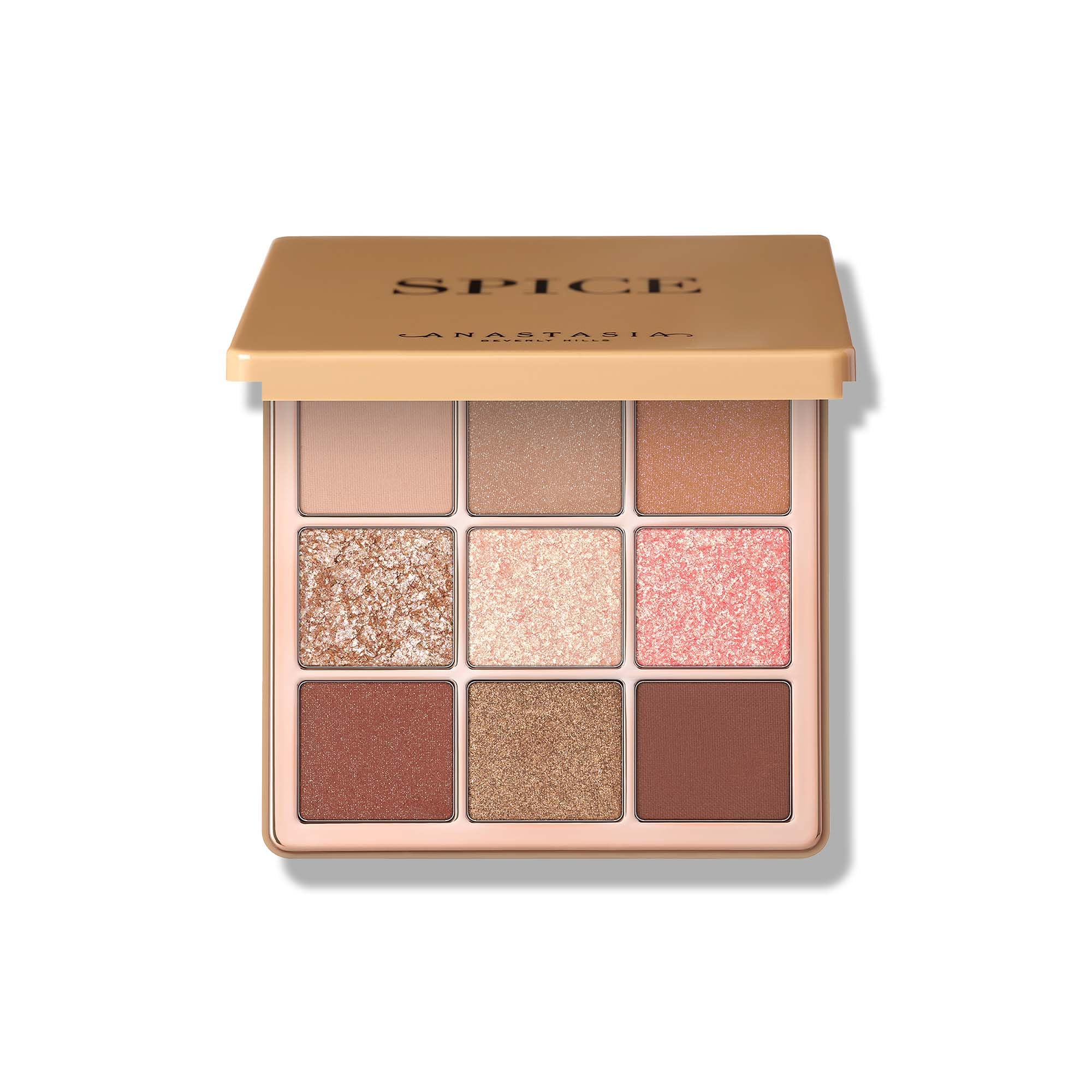 Anastasia Beverly Hills front compact showing nine warm shades and benefits travel-ready palette