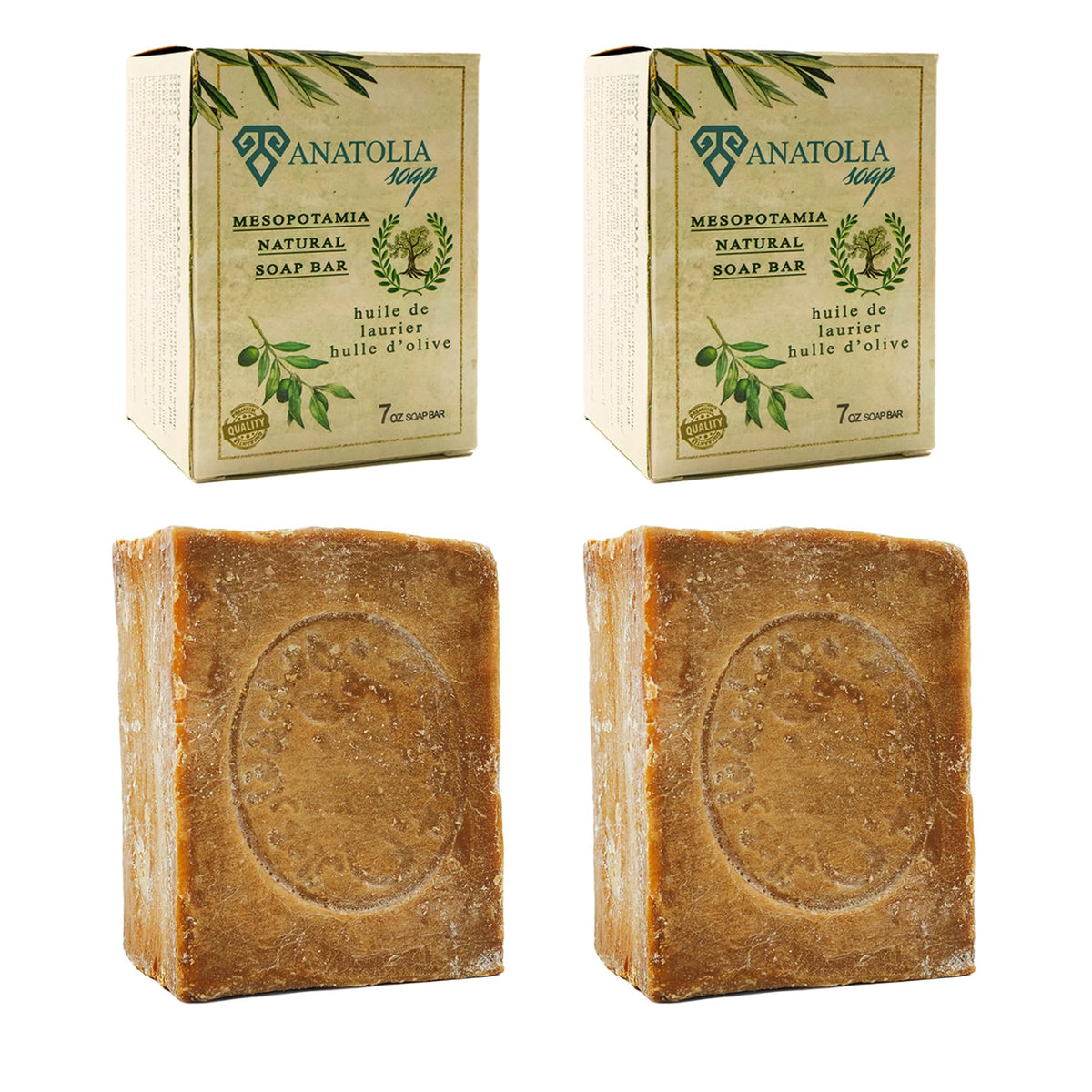 Anatolia Soap front packaging showing two Aleppo 100% olive oil bars for natural cleansing