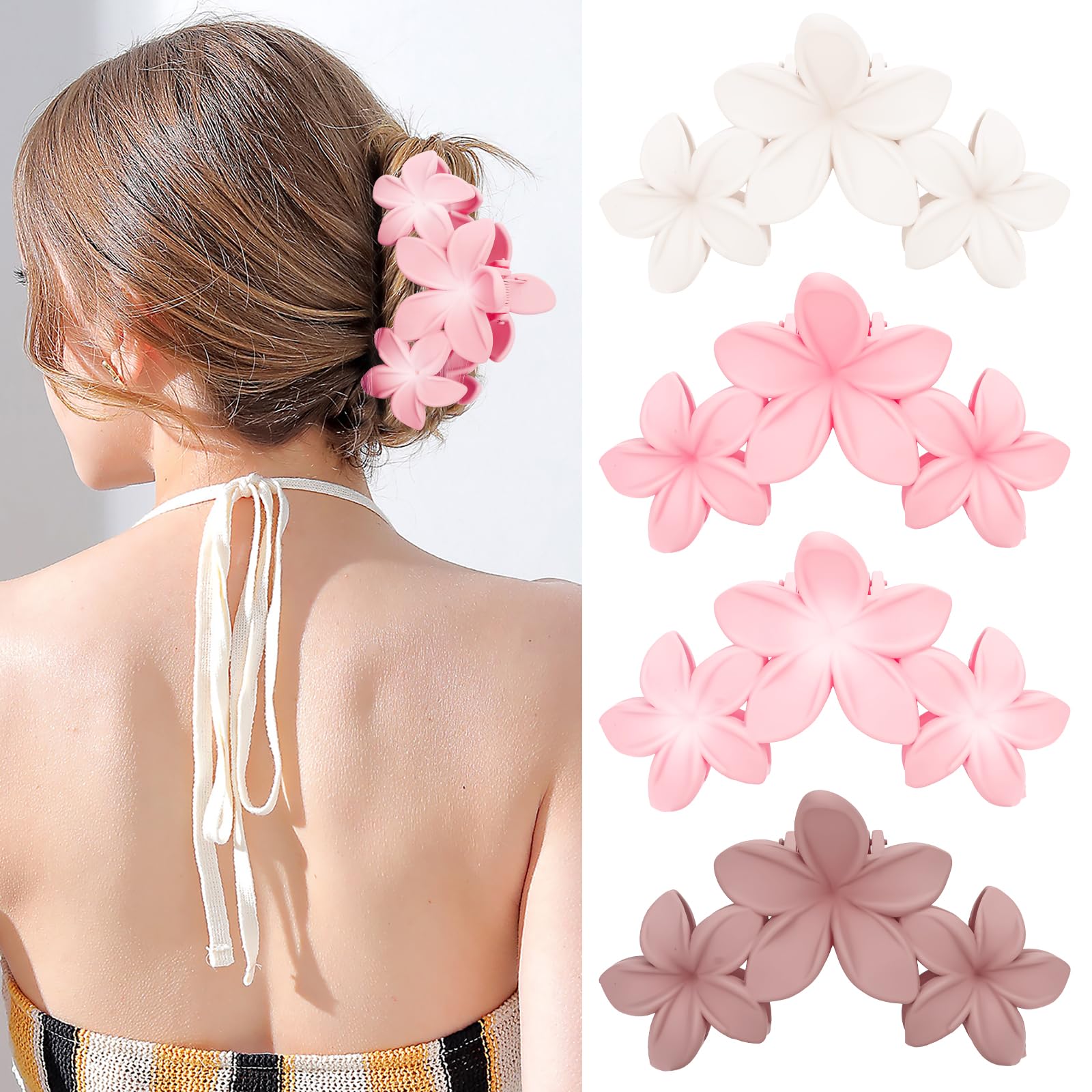 ANBALA front view of four plumeria clips showing colors and packaging for easy selection
