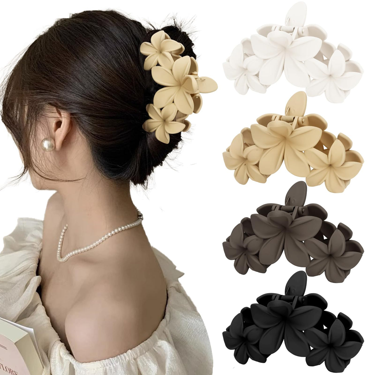 ANBALA front view of four plumeria clips showing colors and design, adds style