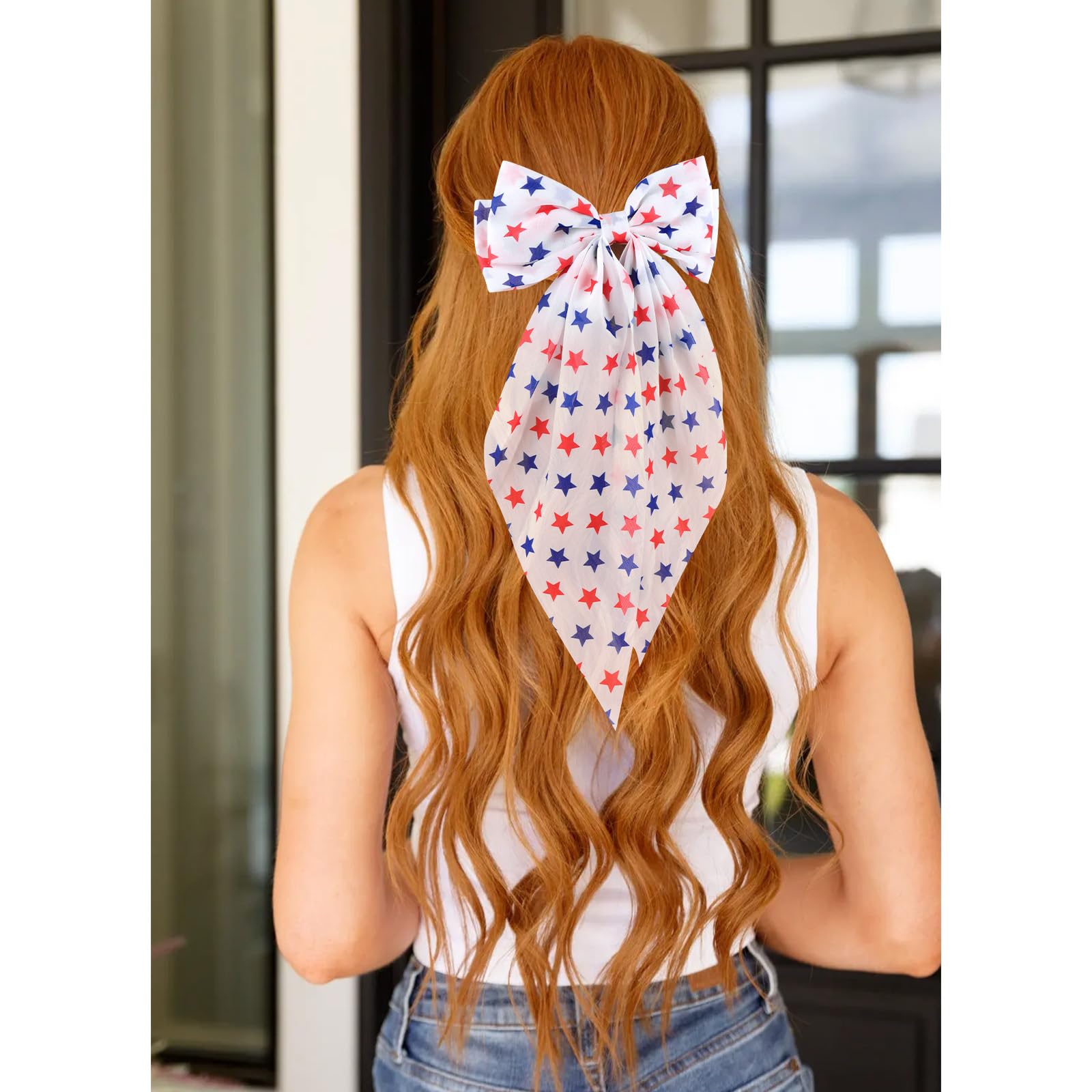 ANBALA bow worn in a ponytail showing easy styling and visible patriotic accent