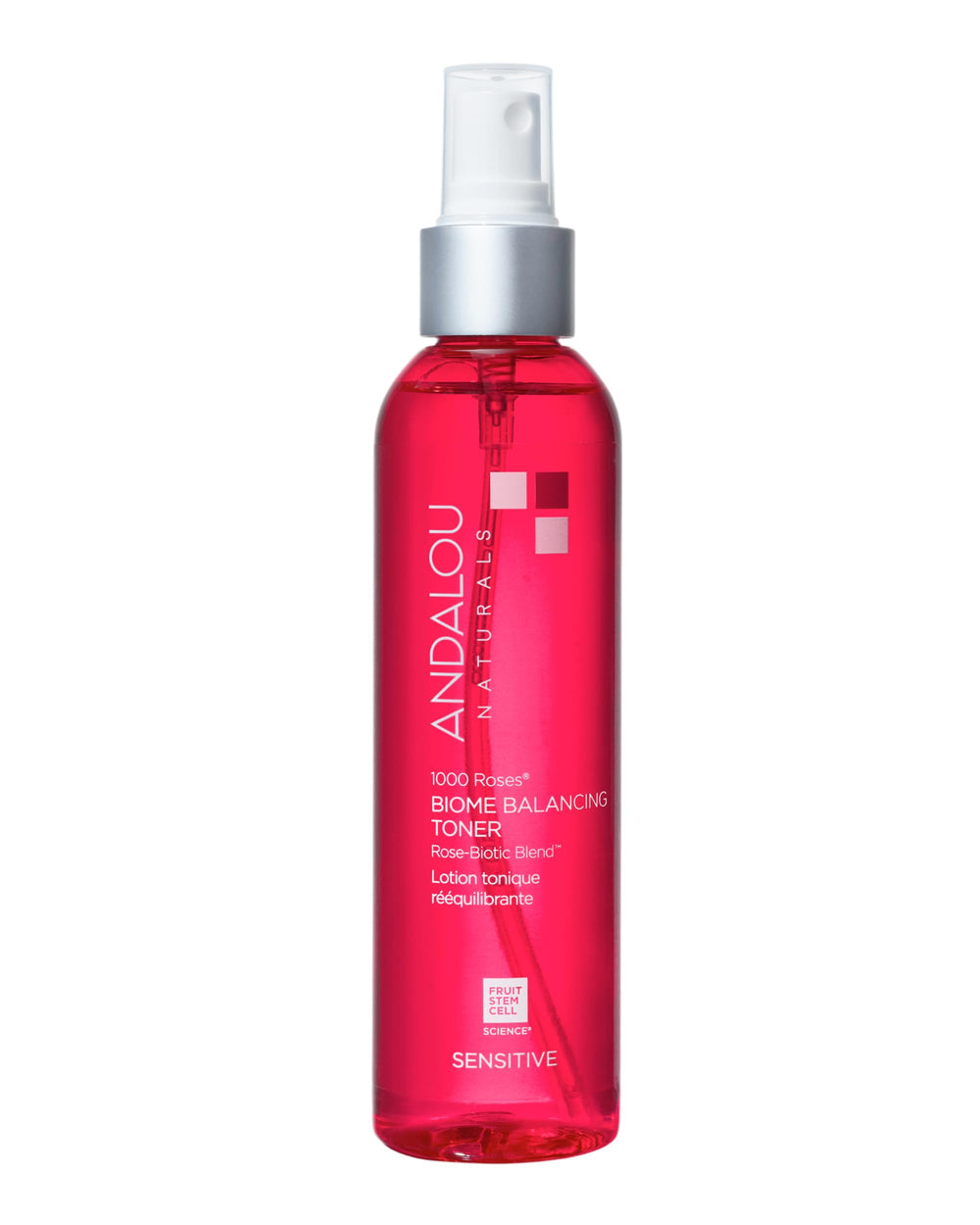 Andalou Naturals front packaging shows bottle and clear rose mist benefits skin barrier